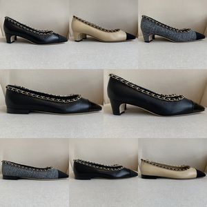 여성을위한 디자이너 하이힐은 뾰족한 발가락 체인 플랫 펌프 세련된 다목적 하이힐 100% 정품 가죽 가벼운 고급 신발 4.5cm 1.5cm EU35-41