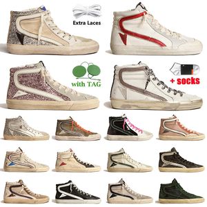 Buty designerskie nowe sneakery Golde Release Mid Slide Star Hightop z najlepszych marek Italys Modne różowe złote brokat Klasyczny biały doold brudne buty na zewnątrz