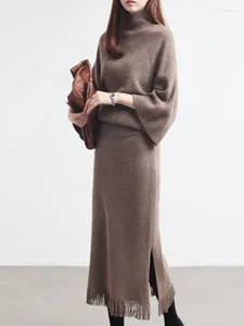 작업 드레스 2 피스 세트 여자 외곽 2024 가을/겨울 우아한 한국 패션 긴 슬리브 스웨터 스웨터를위한 스트리트웨어