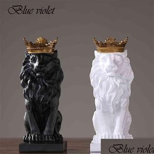 Arts And Crafts Modern Resin Animal Statue Golden Crown Black Lion Figurine For Home Decoration Accessories Living Room Desk Decor 210 Dhzuh