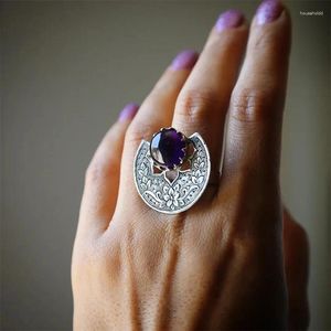 Küme halkaları 1pcs vintage antika renk parmak yüzüğü mor kristal taş oyma kadınlar için erkekler bohem geometrik mücevher anillo