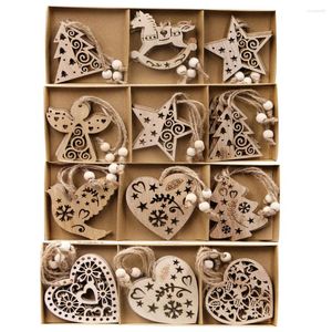 Christmas Decorations 12PCS/Box Wooden Pendants Hollow Tree/Star/Angel Hanging Ornaments For Xmas Tree Kids DIY Painting Crafts