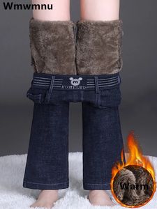 Vinterplysch sammet fodrad flare denim byxor mager casual varm tjockare hög midja kvinnor jeans snökläder stretch vaqueros 240202