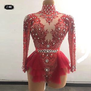 Moda strass rosa vermelho plissado bodysuit feminino grande estiramento boate baile de formatura concerto traje palco cantor mostrar dança collant 240130