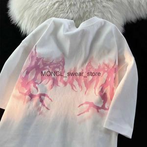 Men's T-Shirts Oversized Washed Old Short Sleeve Flame Contrast T-shirt for Men and Women Summer New INS Half Sleeve Top Couple Dress ClothingH2421