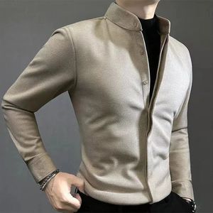 Spring Autumn Male Stand Collar Thick Warm Bottoming Shirt Homme Long Sleeve Casual Fashion Vintage Buttons Blouse Men Top Homme 240201