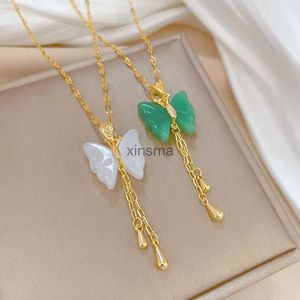 Chokers Behemia rostfritt stål Hetian Crystal Butterfly Necklace Woman Long Tassel Chokers Necklace Gifts For Women Fashion Jewellery YQ240201