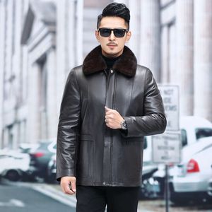 Middle Aged and Old Leather Coat Male Ferret Detachable Liner Collar Fur Fathers Winter Medium Length Sheep Skin Windbreaker P6QW