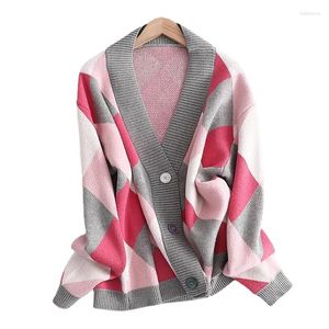Malhas femininas tricô cardigan argyle suéteres mulher outono inverno 2024 coreano botão acima jaquetas manga longa com decote em v casacos curtos