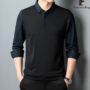 Men's Polos Fashion Casual Long Sleeve Polo Shirt Man Check Button Collar T