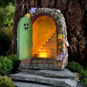 Solar Garden Resin Fairy Door Light For Trees Statues House Face Art Gnome Yard Elf Accessories Decoration 240122