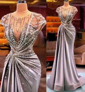 Arabic Aso Ebi Silver Mermaid Luxurious Prom Dresses Sheer Neck Beaded Crystals Evening Formal Party Second Reception Gowns Dress 0201