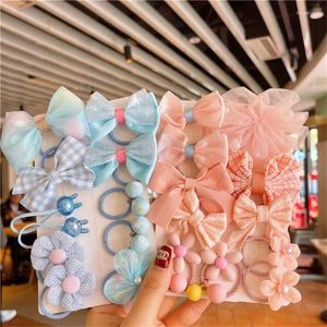 Hårtillbehör 10st/Set Children's Rubber Band Hairpin Elastic Flower Baby Bow Clip Little Girl Mesh Head Rope Set