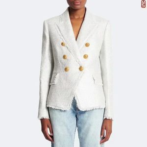 Modische und elegante Tweed-Anzugjacke für Damen mit goldenen Knöpfen mit Quastenkante, hochwertiges Design – Schwarz und Weiß 240201