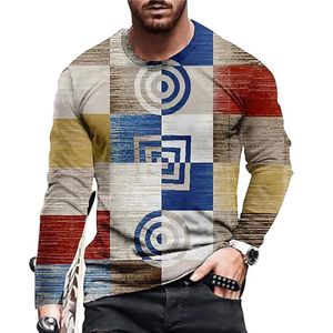 Retro Männer Rundhals Langarm Bunte T-shirt Farbe Block 3D Druck T-shirts Frühling Herbst Lose Beiläufige Top Männer der Kleidung 240118