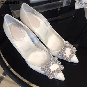 White Women Pumps Designer Square Rhinestone High Heel Luxury Pointed Toe Satin Wedding Bridal Shoes Ladies Stiletto Big Size 43 240129