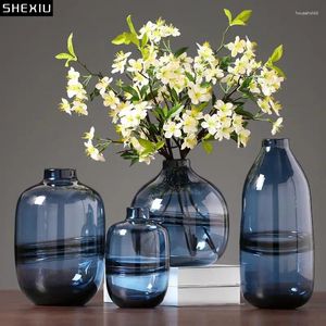 Vases Creative Blue Hydroponic Dried Flower Arrangement Vase Ornament Living Room Bedroom Modern Dining Table Glass Crafts