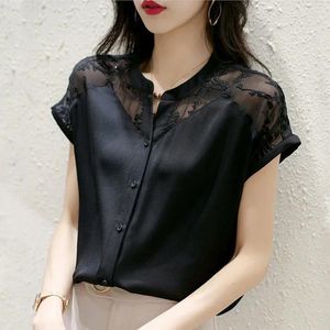 Women's Blouses Elegant O-Neck Button Spliced Gauze Lace Embroidery Shirt Clothing Summer Casual Tops Loose Office Lady Blouse X629