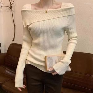 Kadın Sweaters Zarif Kadınlar Omuz Kapalı Knit Kazak Slash Boyun Uzun Kollu İnce Triko Jumpers Ofisi 2024 Sonbahar Kış için