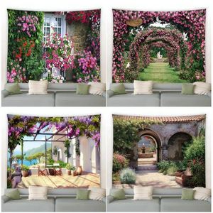 Tapissries Park Flowers Tapestry Pink Floral Plant Vintage Brick Wall Arch Modern Home Garden vardagsrumsgård Dekoration hängande