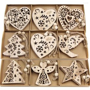 Christmas Decorations 12PCS/Box Wooden Pendants Hollow Tree/Star/Angel Tree Hanging Ornaments For Xmas Home Party DIY Painting