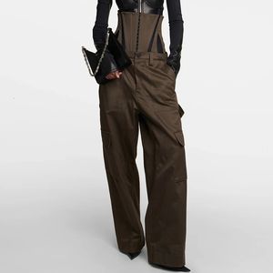 Women Wide Leg Pants High Waist Two Piece Detachable Corset Boning Loose Fit Unisex Olive Cargo Pants 240129