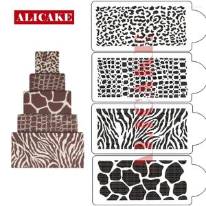 Moldes de cozimento 4 pcs plástico bolo esteira estêncil leopardo zebra animais pele forma borda ferramentas de decoração molde decoração