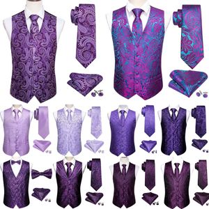 Barry Wang Silk Mens Vest Dress Purple Paisley Solid Slim Waistcoat Suit Tie Hanky ​​Cufflinks Formal Business Sleeveless Jacket 240125