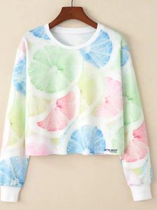 Women's Fur Autumn Round Neck Pullover Color Lemon Paint Printing Long Sleeve Short Fashion Sweater