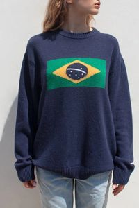 Y2K Women Winter Vintage 90s Brasilien Flag Knit tröja estetik långärmad tröjor överdimensionerade pullover tops kläder 240201