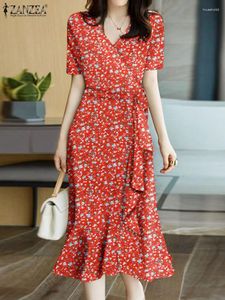 Sukienki imprezowe Zanzea eleganckie krótkie rękawe kamizelki drapane kobiety marszczone rąbek szczupły folor kwiatowy nadruk bohemian moda mody v-dion