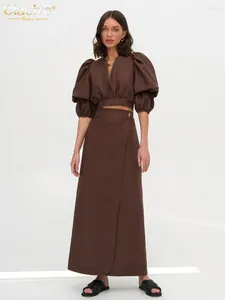 Рабочие платья Clacive, модный свободный коричневый льняной комплект из 2 предметов, женский наряд, летняя укороченная рубашка с длинными рукавами и юбками с высокой талией, женские