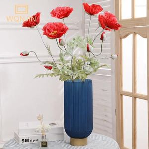 Decorative Flowers Artificial Beautiful Simulation Red Poppy Branches Flocking Leaves Home Wedding Table Party Decoration Fake