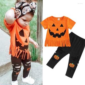 Комплекты одежды FOCUSNORM, милая детская одежда на день Хэллоуина для детей от 1 до 5 лет, одежда для девочек, 2 шт., футболки с короткими рукавами и кисточками с принтом тыквы, брюки с дырками