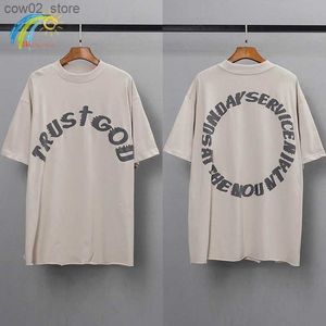 Homens camisetas Streetwear Oversized Camiseta Tee Homens Mulheres 1/1 Espuma de Algodão Impressão Serviço de Domingo Confiança Deus Manga Curta Top Q240201