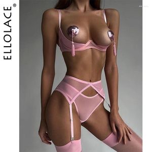 Conjuntos de sutiãs Ellolace Erótico Lingerie Open Bra Kit Push Up Sexy Sensual Underwear 3 peças Coração Hollow Crotchless Calcinha Liga Íntima