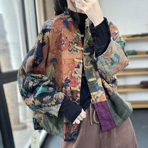 Ubranie etniczne 2024 Autumn and Winter Chinese Vintage drukowane patchwork Patchwork Discle Discle Bawełniana lniana kurtka Gruba Kobieta