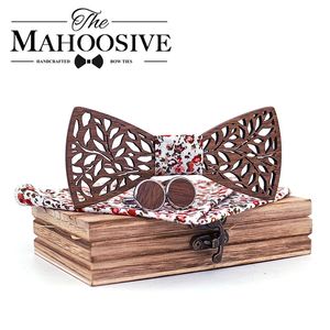 Mahoosiva modemän handgjorda näsdukar trä och manschettknappar trä båge slips förbunden bowtie för bröllopsfest trä presentförpackning 240124