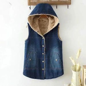 Women's Vests Autumn Winter For Women Fleece Thickened Lamb Cotton Denim Vest Hooded Warm Short Sleeveless Tops Big Size Waistcoat 2024