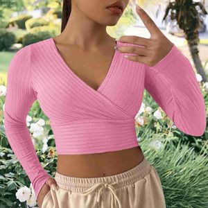 T-shirt das mulheres Sexy Cross Wrap V Neck Ribbed Knit T Shirt Womens Crop Tops Sexy Slim Fit Sólido Primavera Outono Manga Longa Y2K Roupas Rosa Tops L240201