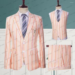 Men's Suits Men Slim Fit Business Casual White Linen Orange Pink Vertical Stripe Dress Wedding 3 Pcs Set Jacket Pants Vest