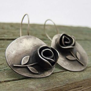Dangle Earrings Asymmetric Leaf Metal Rose Flower Vintage Jewelry Ethnic Engraved Antique Silver Color Statement Gift