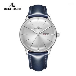 Armbandsur 2021 Reef Tiger RT Dress Watches For Men Blue Leather Band Convex Lens White Dial Automatic RGA82381297I