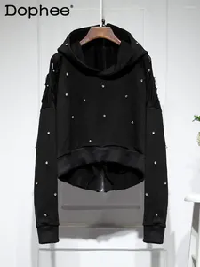 Hoodies femininos streetwear bainha cru rasgado strass moletom com capuz casaco curto para mulheres outono preto dois lados usar solto zip hoodie topo