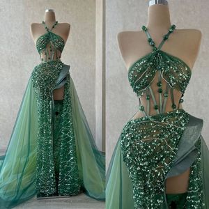 Fancy Mermaid Evening Dresses Halter Crystal Prom Gowns Sequins Beaded Side Split See Through Custom Made Formal Party Dresses