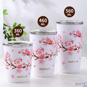 Thermoses Stainless Steel Coffee Cup Cherry Blossom Thermal Mug with Lid Travel Mug with Straws Milk Tea Leak-Proof Double Wall Water Cup