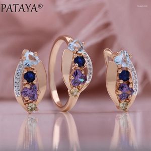 Necklace Earrings Set PATAYA Quality Trend Bride Wedding Earring Ring Sets Luxury 585 Rose Gold Color Natural Zircon Women's Fine Jewelry