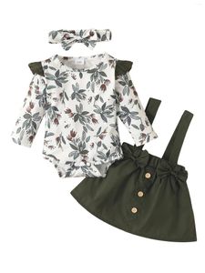 Kläder sätter spädbarn baby flickor faller outfit 0 3 6 9 12 18 månader blommig långärmad ribbad romper fast färgsusder kjol pannband