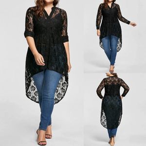 Women's Blouses Half See Through Lace Stitch T Shirts Elegant Ladies V Neck Fashion High Low Streetwear Women Blouse Autumn Long Top Dress