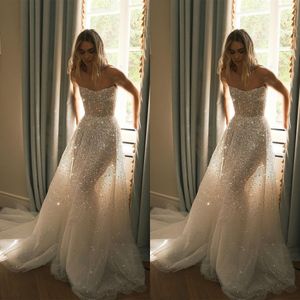 Sparkly Wedding Dresses Strapless Bridal Gowns A Line Sequins Sleeveless Bride Dresses See Through Custom Made Plus Size